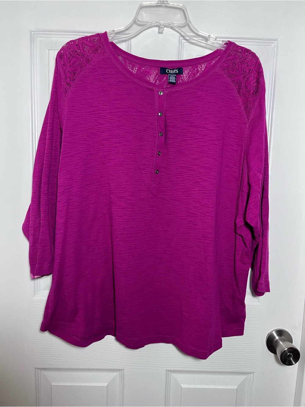 Chaps Women's Magenta Lace-Shoulder and Back Yoke Henley Long Sleeve Top